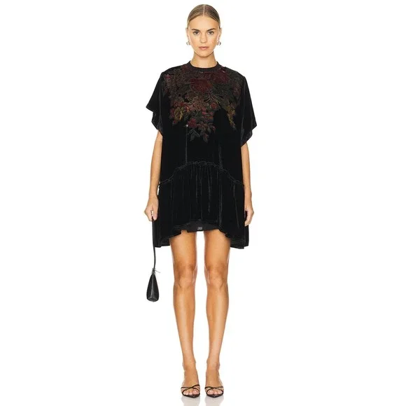 Free People Sweet Echoes Black Floral Velvet Burnout Dress Womens Large Boho - Picture 1 of 9